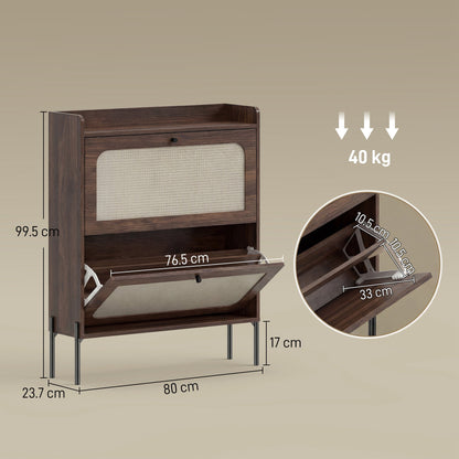 HOMCOM Shoe Cabinet with 2 Flip Drawers, Boho Narrow Shoe Storage Cabinet, Dark Brown