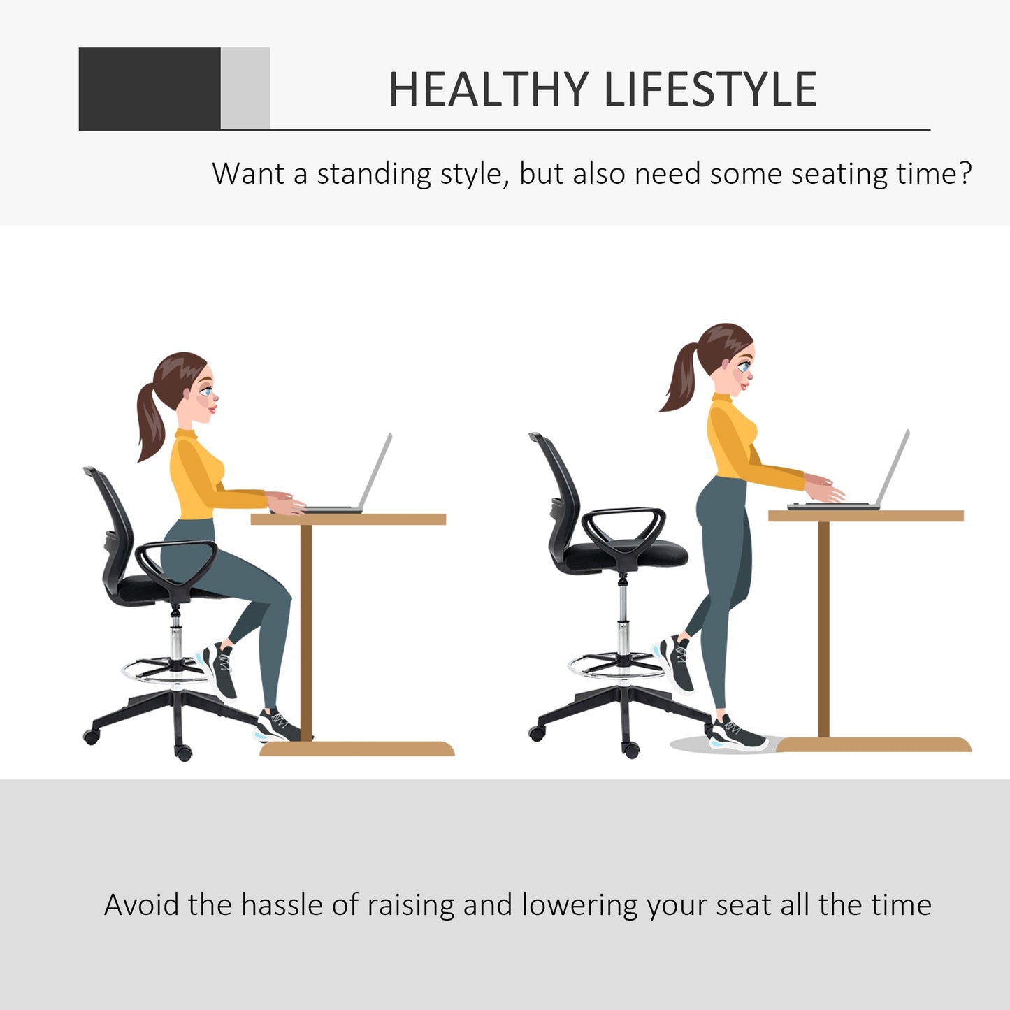 Vinsetto Ergonomic Mesh Back Drafting Chair, Tall Office Chair, Draughtsman Chair with Adjustable Height and Footrest 360  Swivel, Set of 5