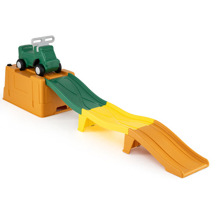 The ride on toy featuring a green car on a yellow and green track