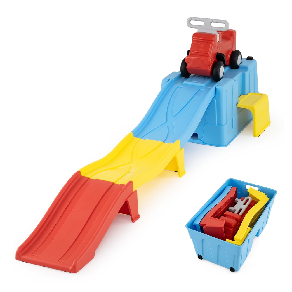 Up and Down Roller Coaster Expandable Roller Coaster Kids Ride on Toy with a storage box nearby