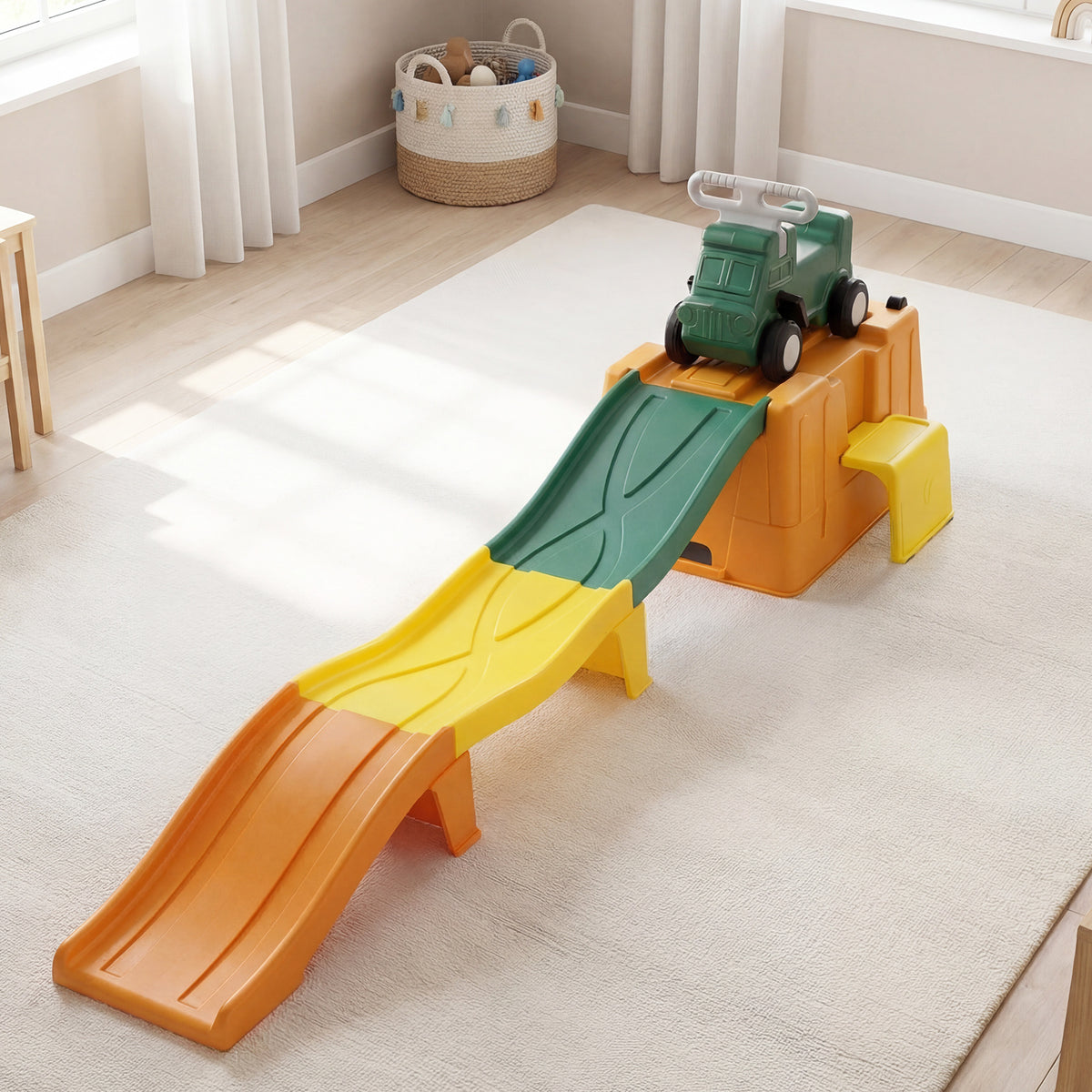 The ride on toy placed on a rug in a bright room with a storage basket nearby