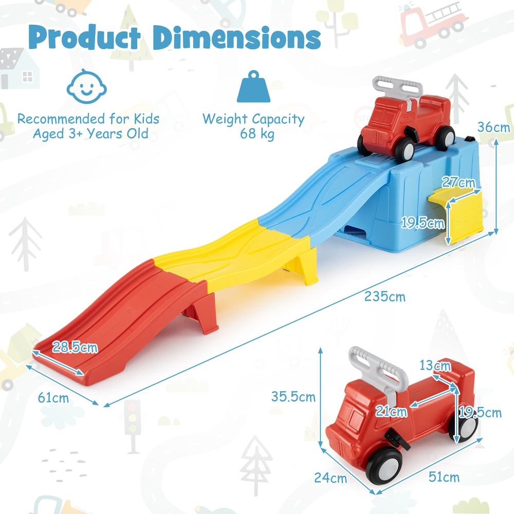 Diagram showing the dimensions of the roller coaster track and the red car
