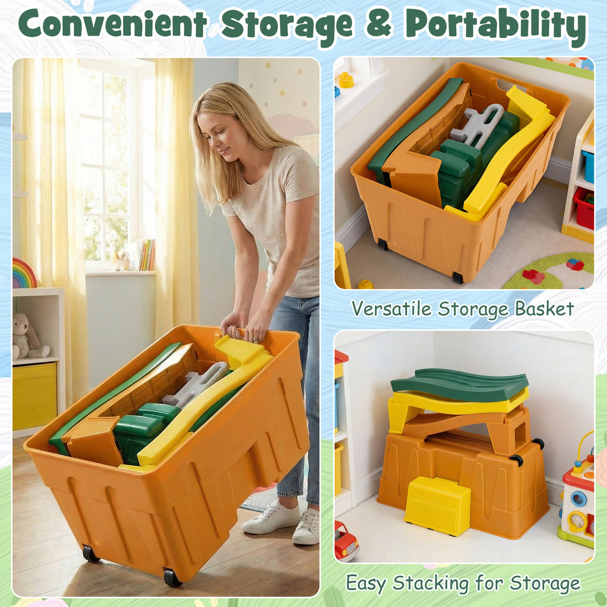 The ride on toy shown being packed into a storage box and stacked for easy storage