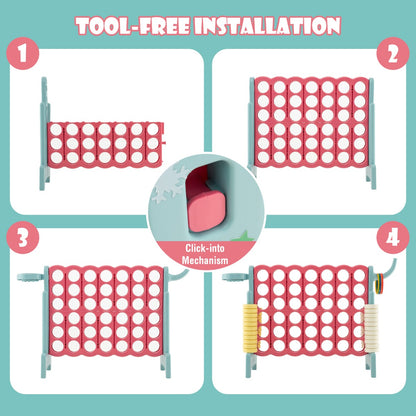 Four steps showing how to assemble the connect four game