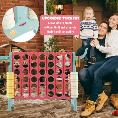 Family playing the giant connect four game with basketball hoop