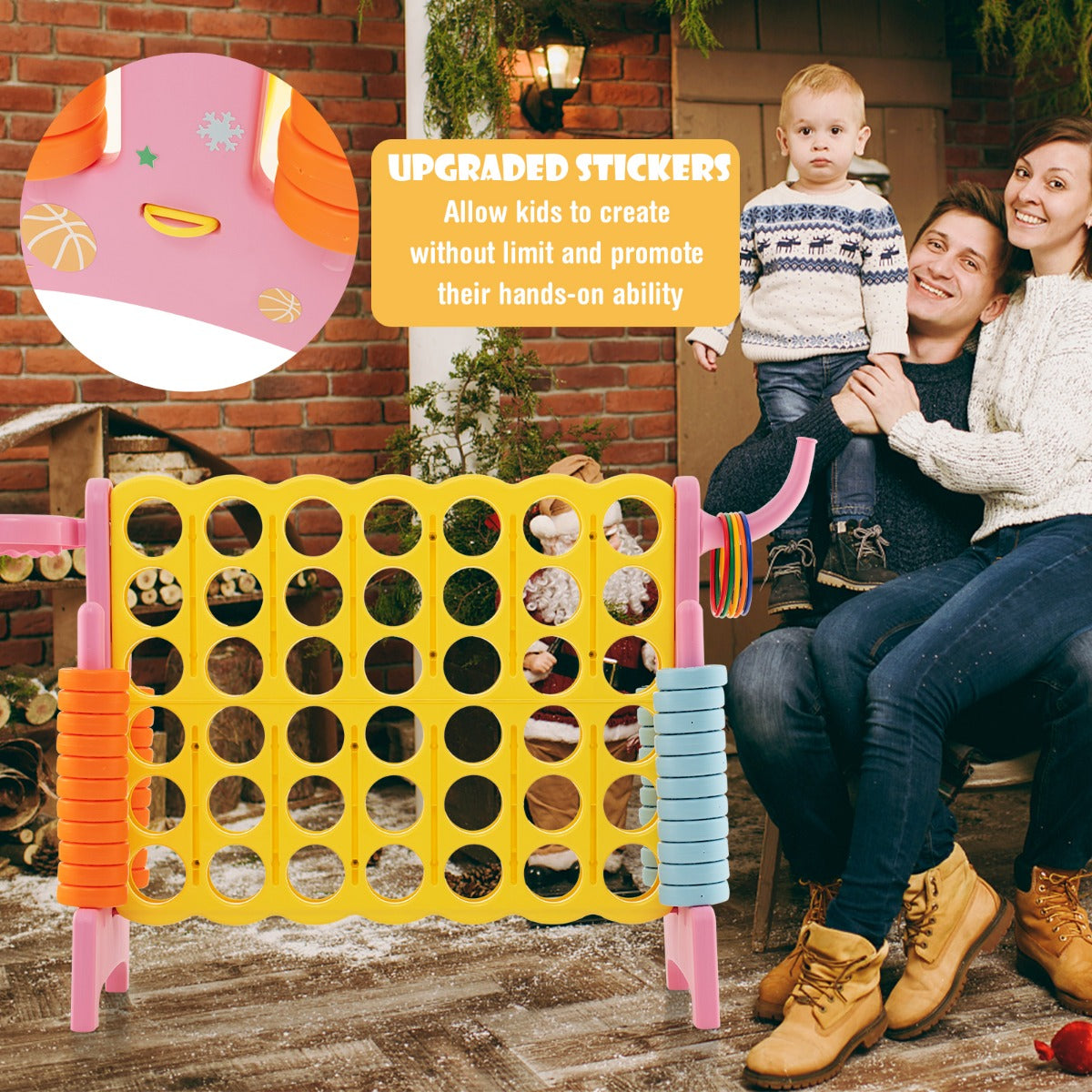 Family playing the four-in-a-row game with basketball hoop and toss rings, pink frame