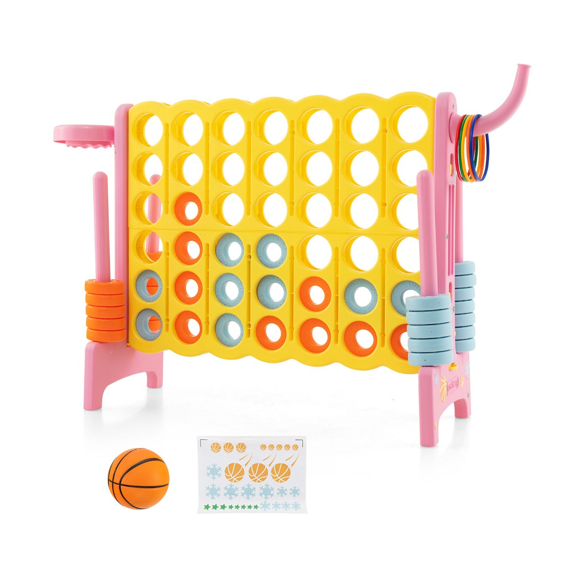 Upgraded 4-to-Score Game Set with basketball hoop and toss rings, pink frame and yellow playing grid