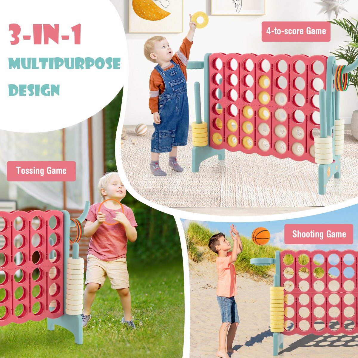 Children playing the connect four game and basketball toss