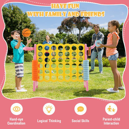 Family and friends enjoying the four-in-a-row game with basketball hoop and toss rings