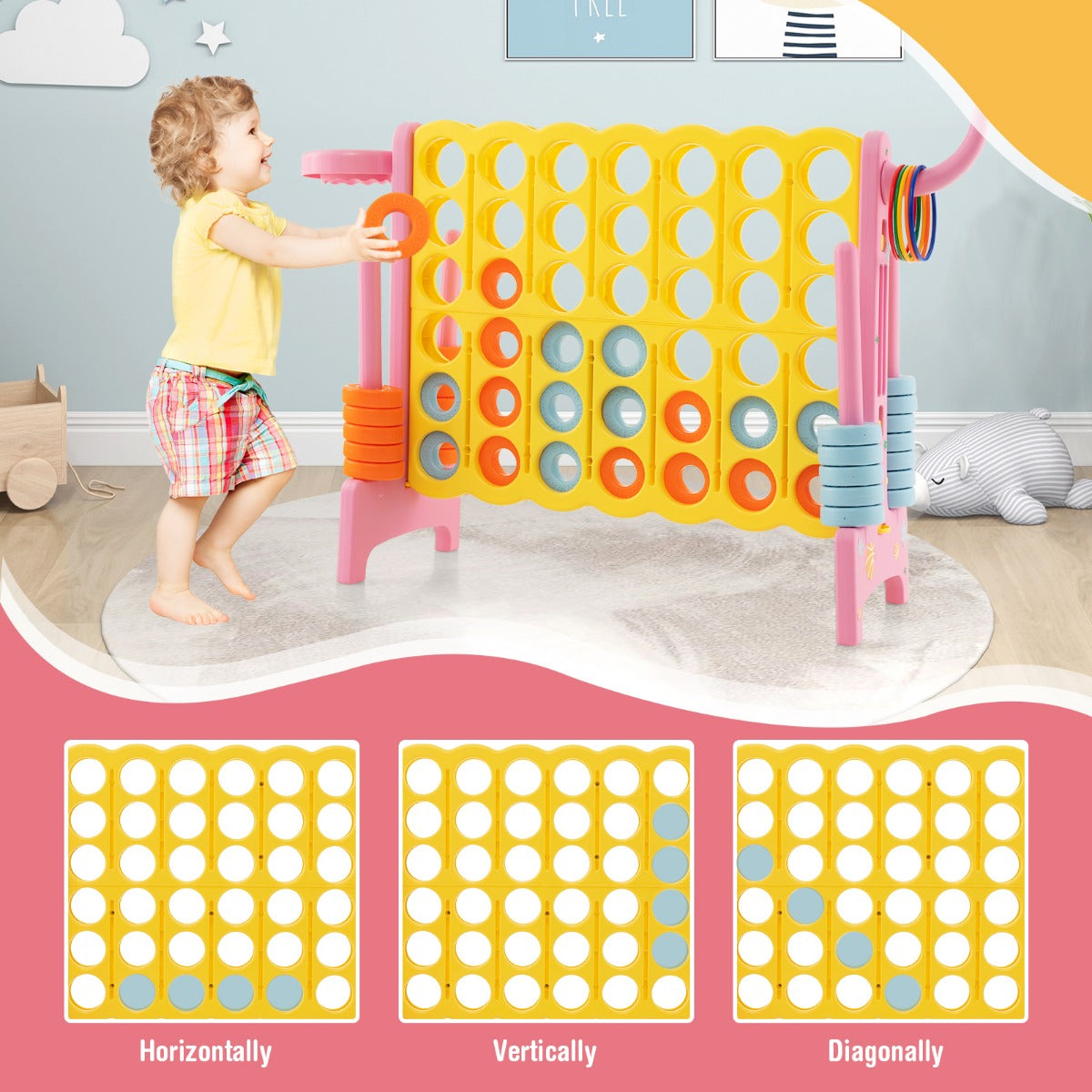 Children playing the four-in-a-row game horizontally, vertically, and diagonally