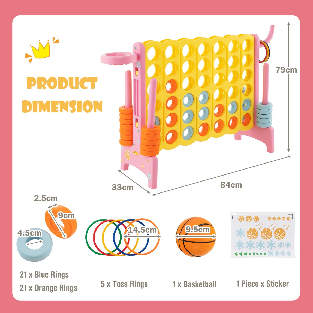 Dimensions of the four-in-a-row game with basketball hoop and toss rings, pink frame