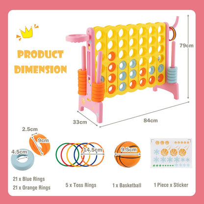 Dimensions of the four-in-a-row game with basketball hoop and toss rings, pink frame