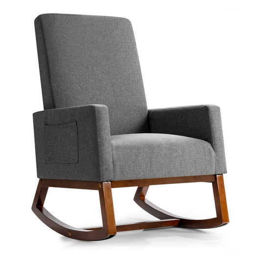 Upholstered Fabric Armchair with Rubber Wood Base in grey on a white background