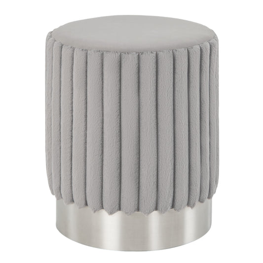 Upholstered Footrest Stool with vertical tufted sides and a circular metal base