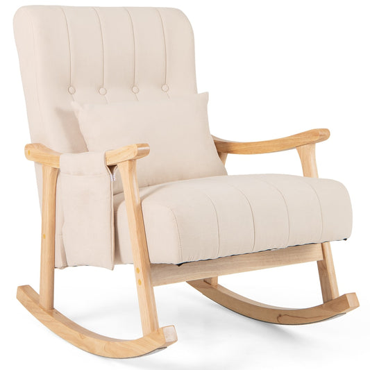 Upholstered Glider Rocker Chair in beige with a high backrest and wooden armrests on a white background