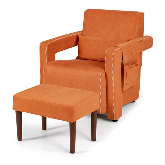 Upholstered Padded Accent Chair with Footstool and Lumbar Pillow in orange with side storage pocket