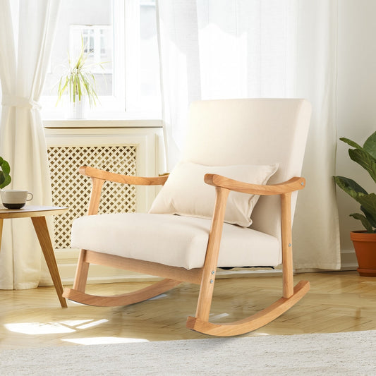 The accent chair placed in a bright living room next to a small wooden side table