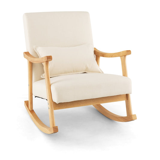 Upholstered Rocking Chair Modern Rocker with Rubber Wood Frame in beige on a white background