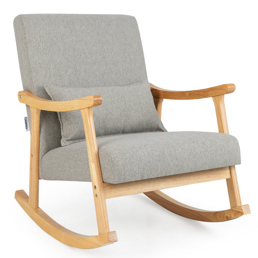 Upholstered Rocking Chair Modern Rocker with Rubber Wood Frame in grey fabric with wooden arms and base