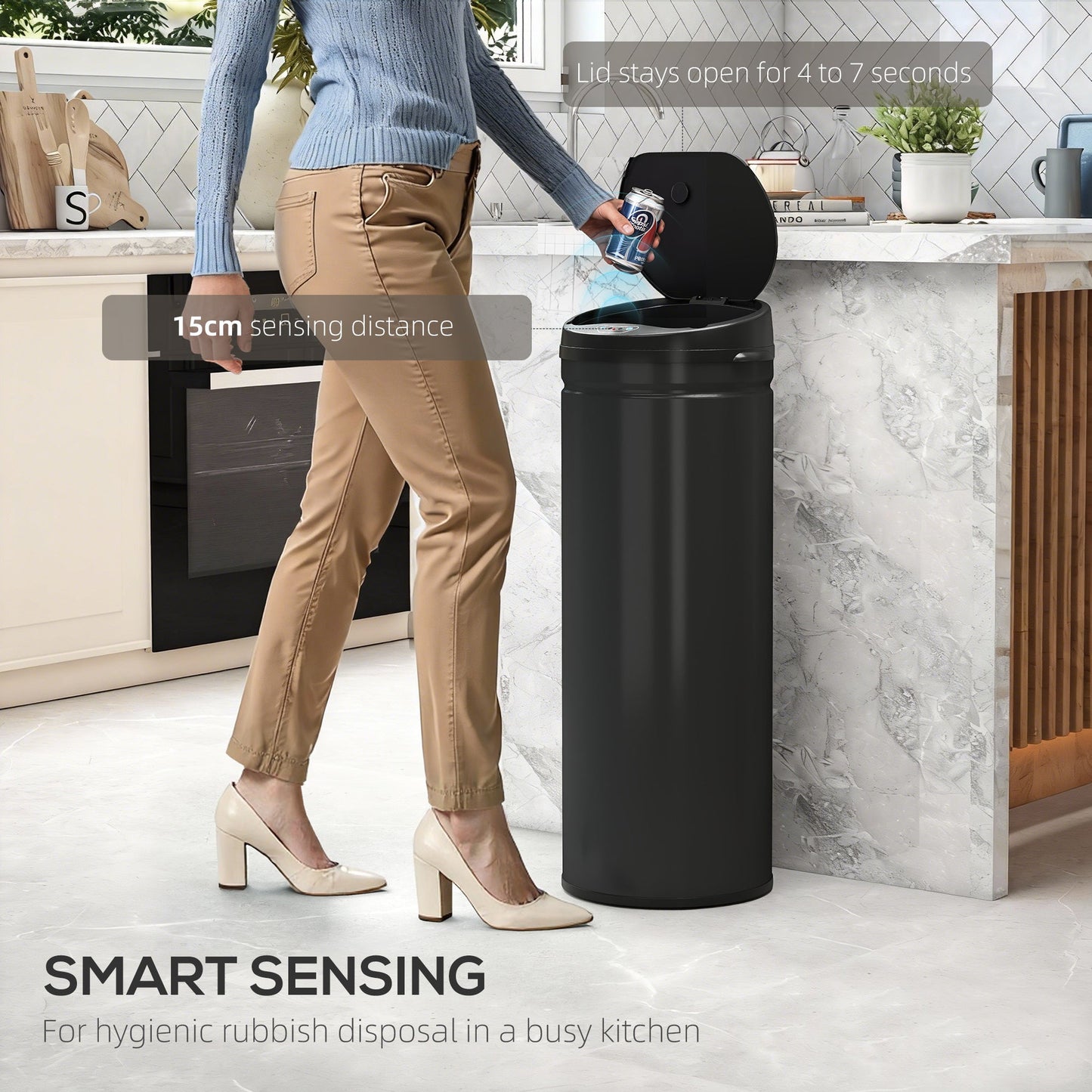 HOMCOM 50L Stainless Steel Sensor Bin - Black