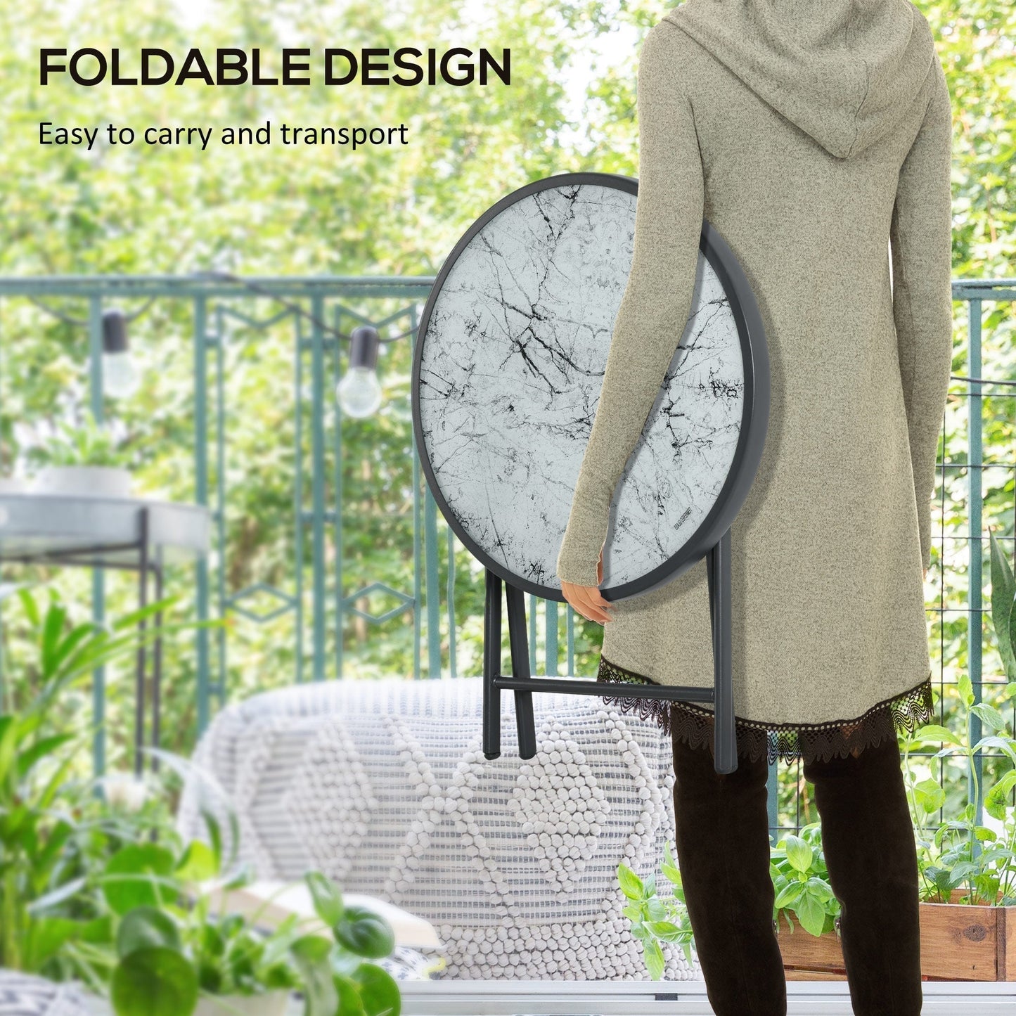 Outsunny a45cm Garden Side Table, Outdoor Round Folding Patio Table with Imitation Marble Glass Top, Small Coffee Table, White