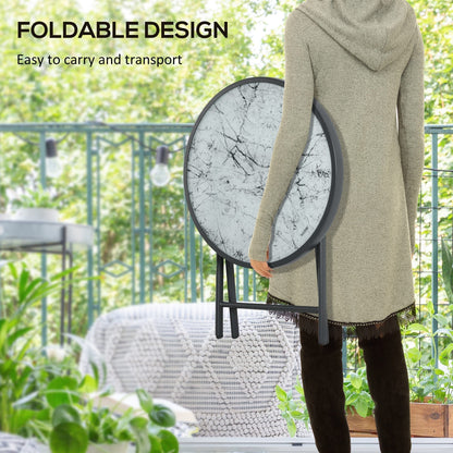 Outsunny a45cm Garden Side Table, Outdoor Round Folding Patio Table with Imitation Marble Glass Top, Small Coffee Table, White