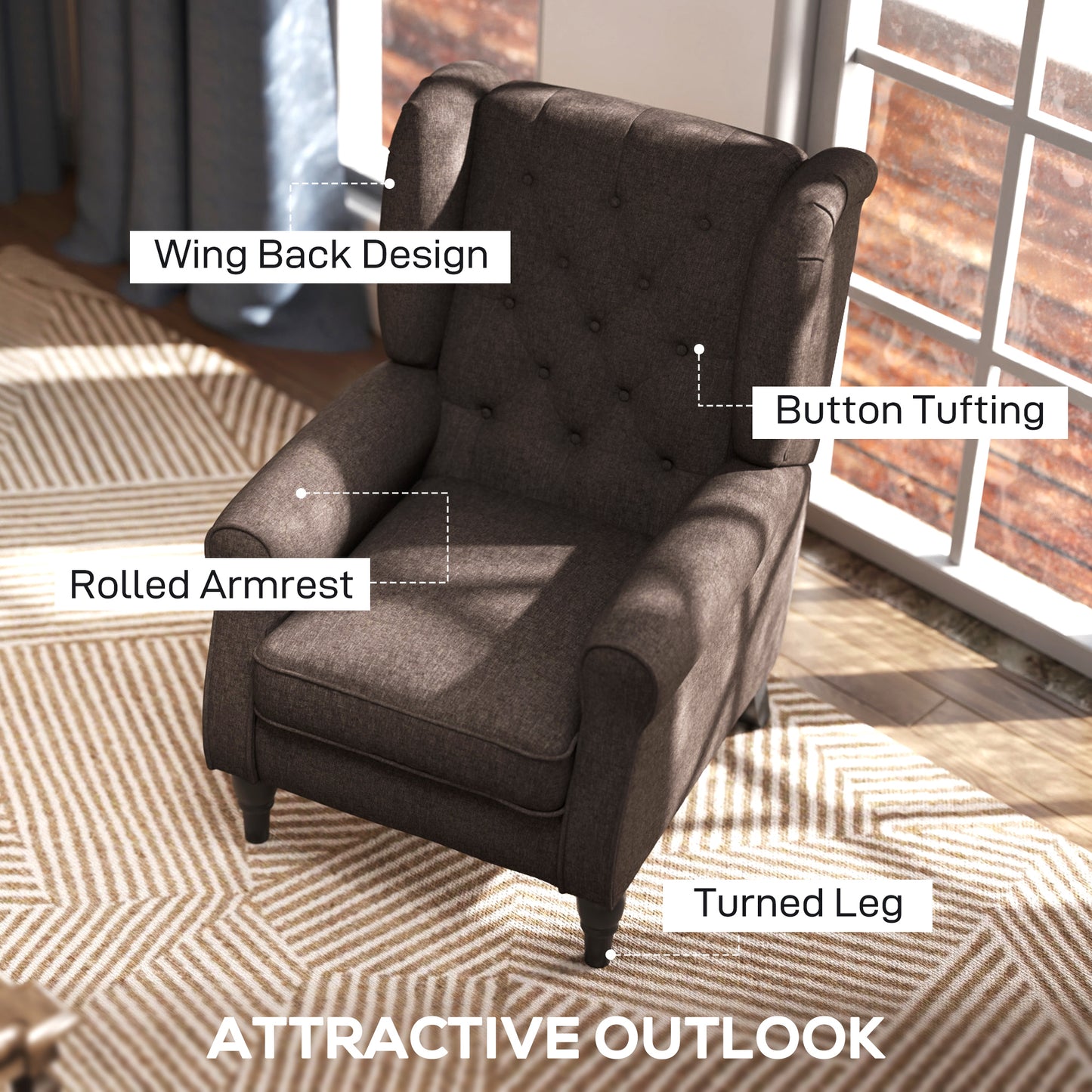 HOMCOM Wingback Accent Chair, Retro Upholstered Button Tufted Occasional Chair for Living Room and Bedroom, Brown