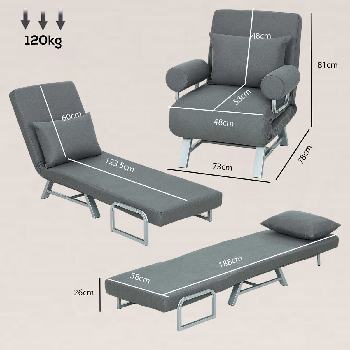 HOMCOM Single Sofa Bed in Dark Grey