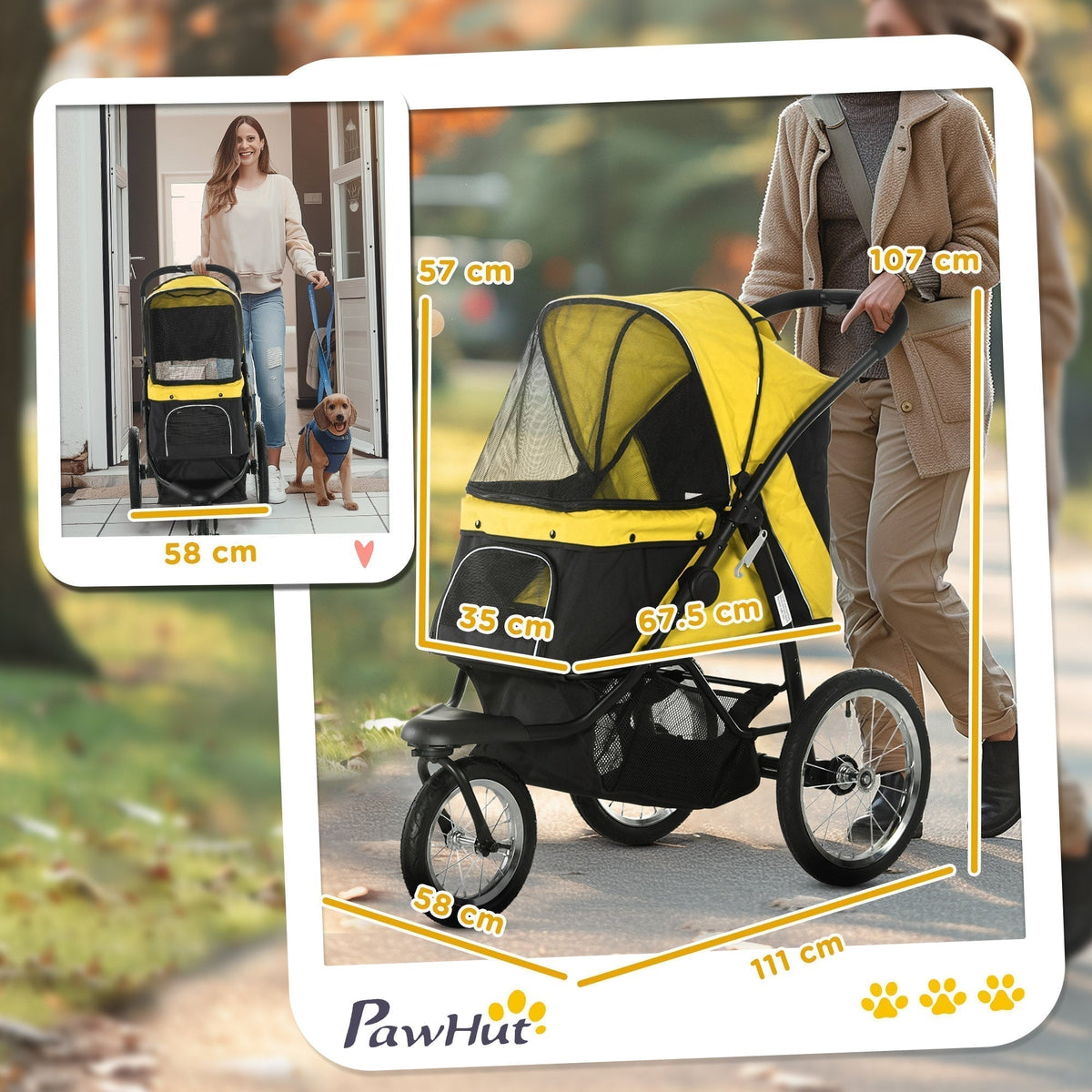 A yellow and black three-wheeled dog carrier with dimensions shown for size comparison