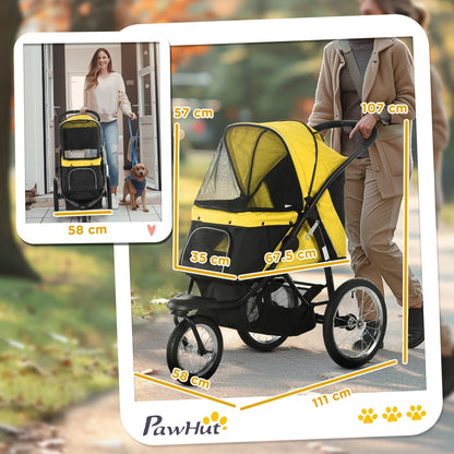 A yellow and black three-wheeled dog carrier with dimensions shown for size comparison