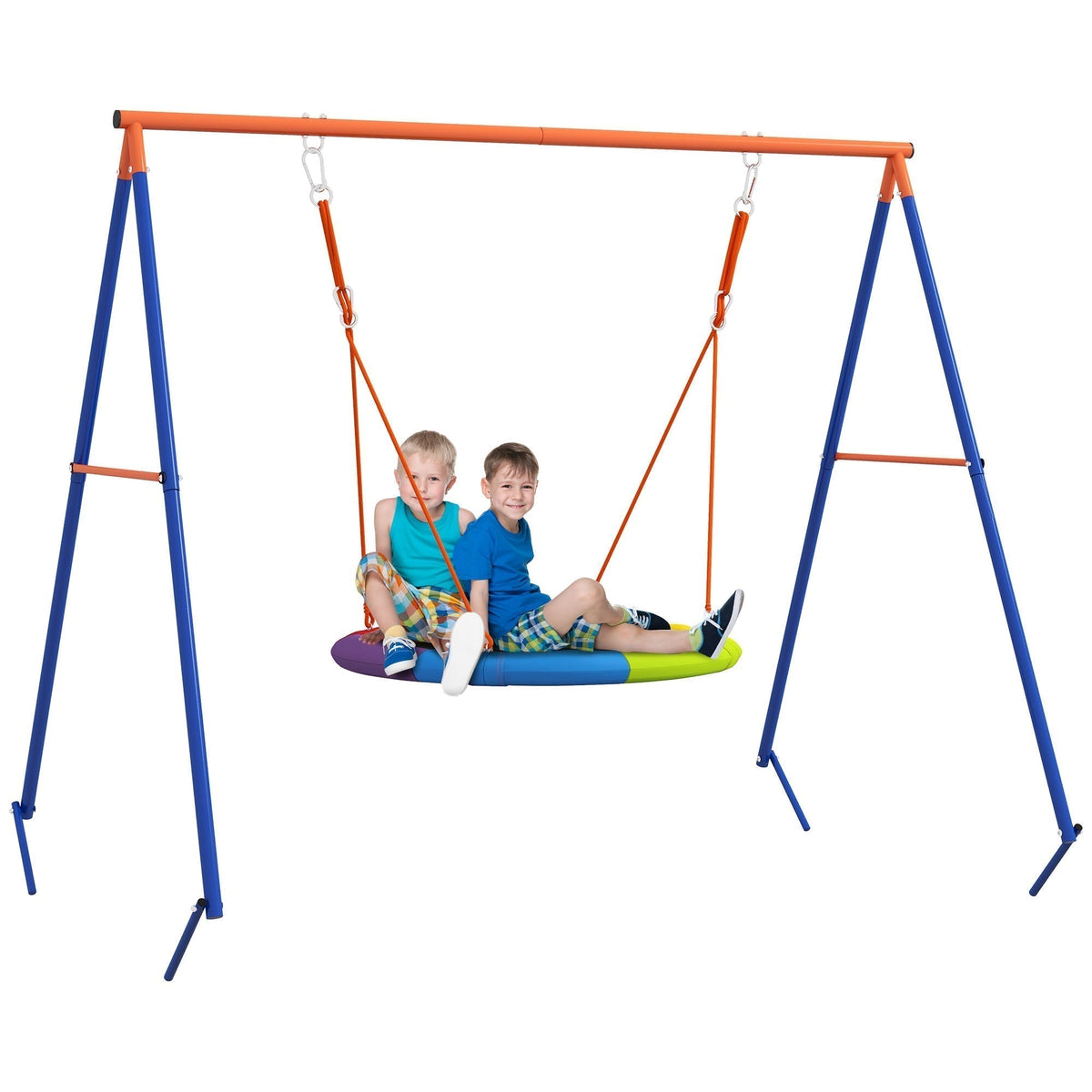 Outsunny Metal Kids Swing Set Nest Swing Seat with A-Frame Structure for Outdoor Use - Multicoloured