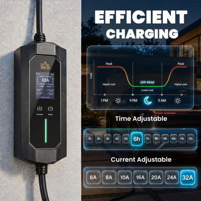 HOMCOM EV Charger 7kW Type 2 to CEE 32A Plug with UK Adapter, 10 m, 6-32A, Electric Car Charger w/ 1-12 h Time Delay