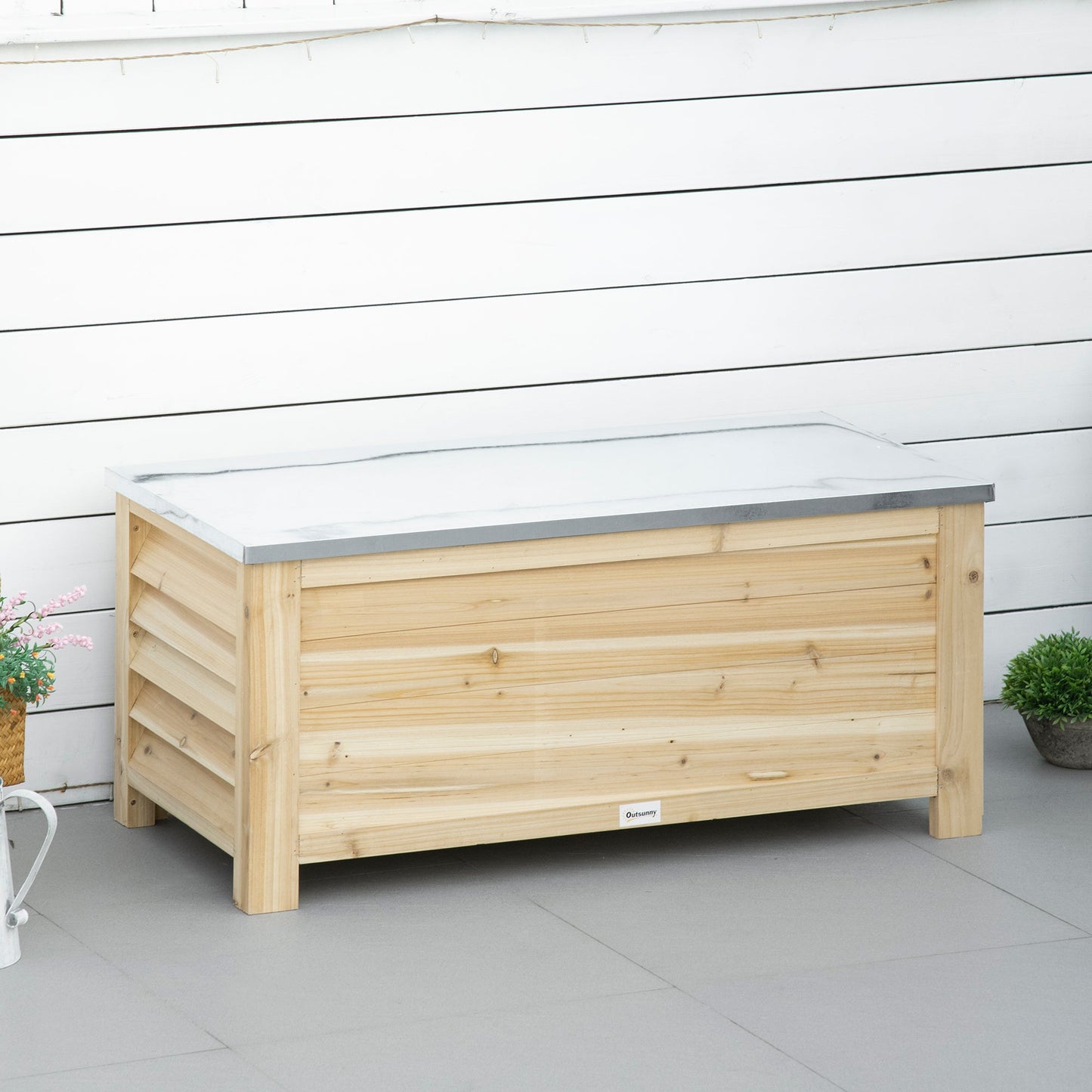 Outsunny 155L Outdoor Storage Box with Metal Top and Shutter Walls, Wooden Outside Tool organiser Container, for Garden, terrace