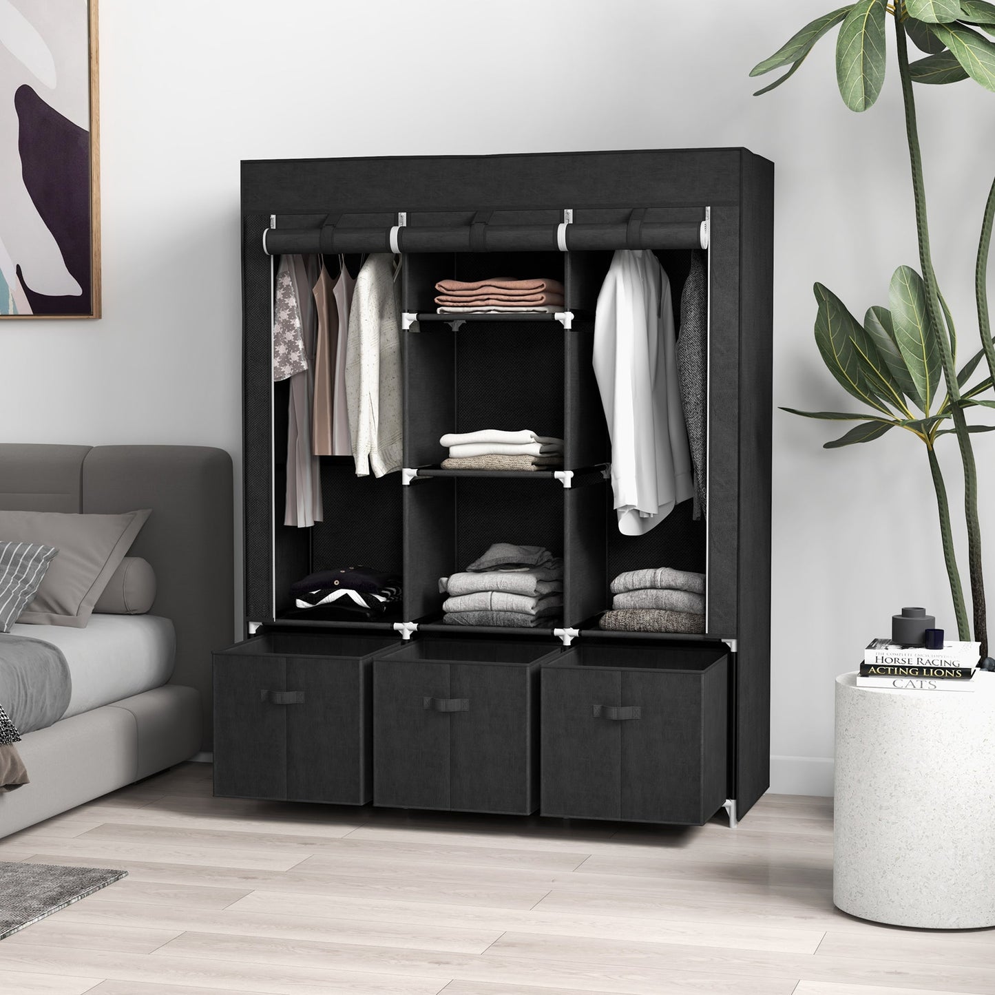 HOMCOM Foldable Fabric Wardrobe for Bedroom, Portable Wardrobe with 5 Shelves, 2 Hanging Rails and 3 Fabric Drawers, Black