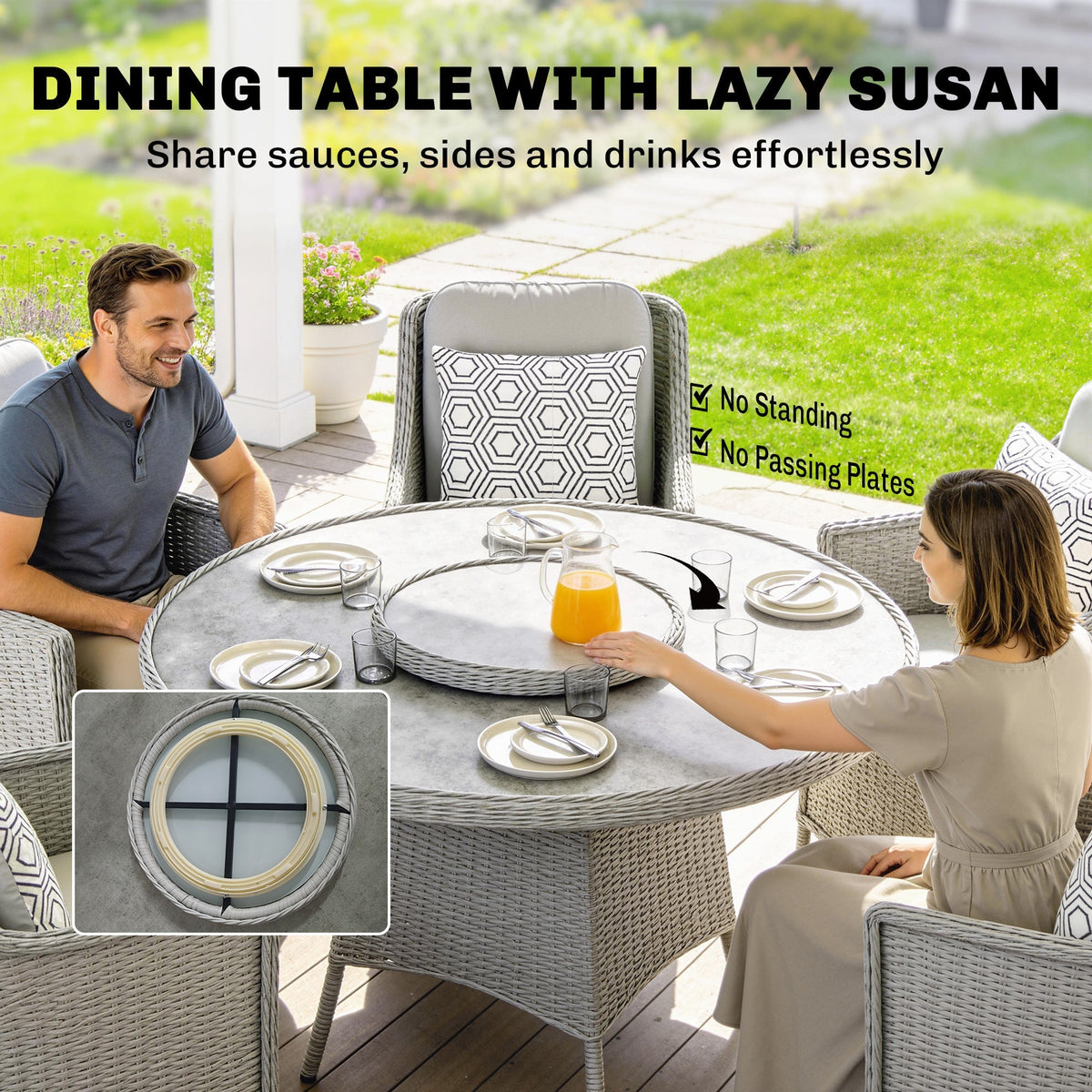 طقم أثاث طعام للحديقة من الأوتسانتي من الراتان مع ترابيزة دوارة (Lazy Susan)، طاولة طعام دائرية للحديقة من الزجاج بتأثير الرخام وكراسي بإطار من الألومنيوم، رمادي