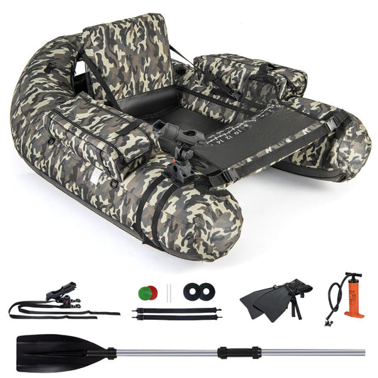V-Shaped Fishing Float Tube with Adjustable Backpack Straps-Camouflage showing the whole product with accessories