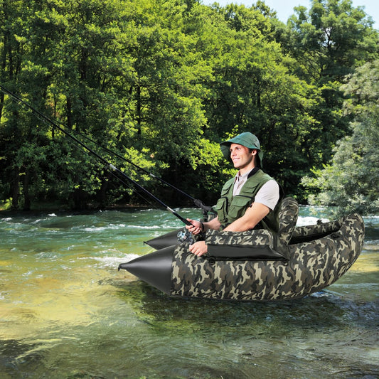 Man fishing from the camouflage float tube on a river