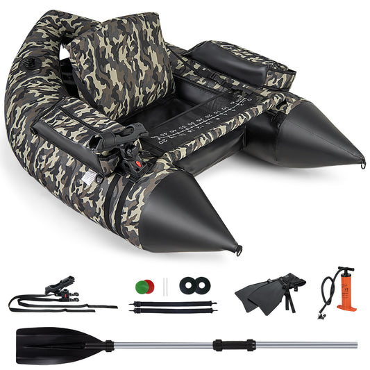 V-Shaped Fishing Float Tube with Rod Holder-Camouflage fully assembled with accessories laid out below