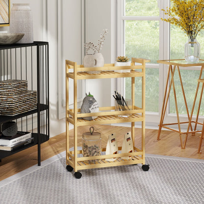 HOMCOM 3-Tier Bamboo Storage Trolley on Wheels in a Natural Wood Finish