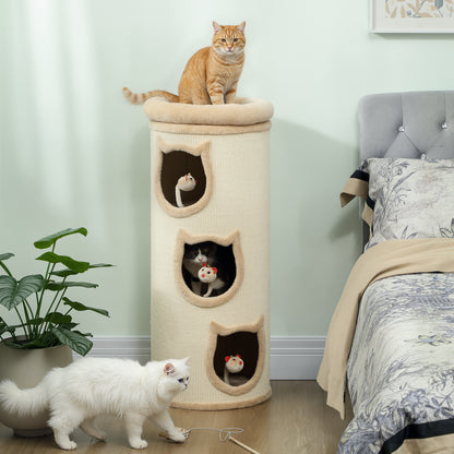 PawHut 3-Tier Cat House for Indoor Kittens, Cat Cave Bed with Scratching Pad, Plush Edge, Removable Plush Bed, 3 Dangling Mice