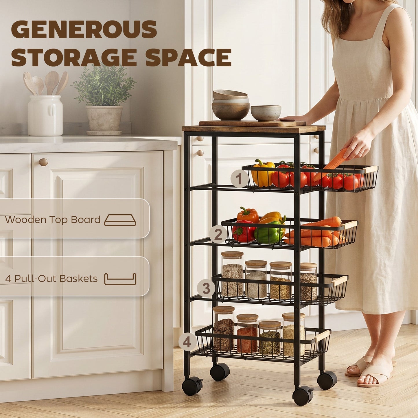 HOMCOM Metal Kitchen Trolley, 4-Tier Storage Trolley with Pull-Out Baskets and 4 Swivel Casters for Kitchen, Rustic Brown
