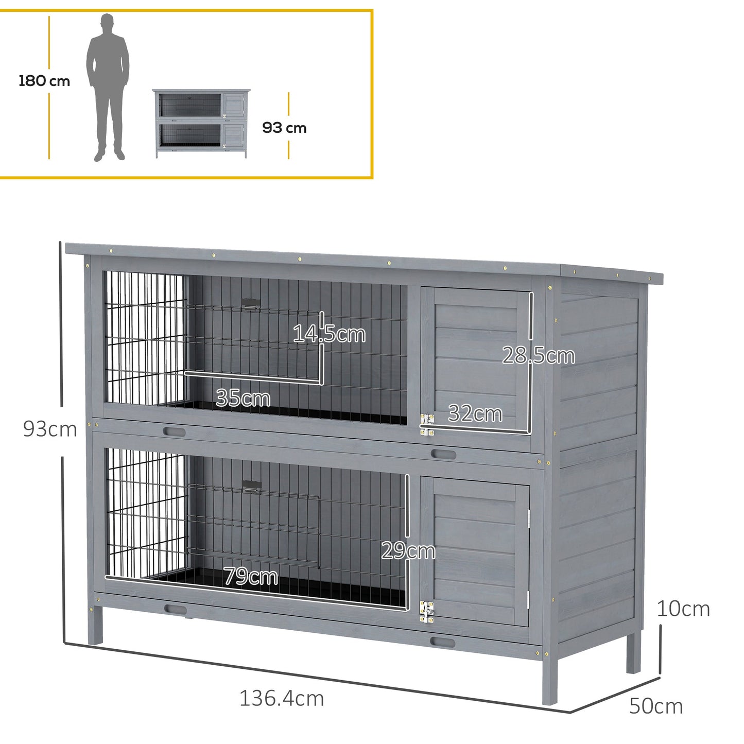 PawHut Rabbit Hutch Outdoor Guinea Pig Hutch Bunny Cage with No-Leak Trays, Divider, 136 x 50 x 93cm, Grey