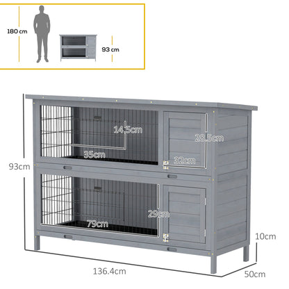 PawHut Rabbit Hutch Outdoor Guinea Pig Hutch Bunny Cage with No-Leak Trays, Divider, 136 x 50 x 93cm, Grey