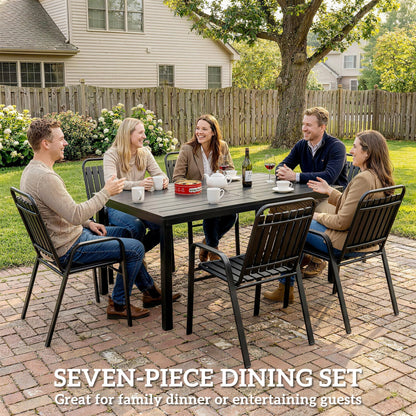 Outsunny 7 Pieces Outdoor Dining Set with Umbrella Hole, Garden Table and Chairs Set for 6 with Metal Table and Stackable Chairs