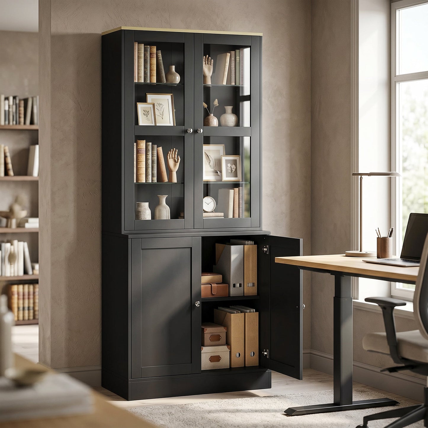 HOMCOM Modern Bookcase Display Storage Unit with Glass Doors Adjustable Shelves, Black