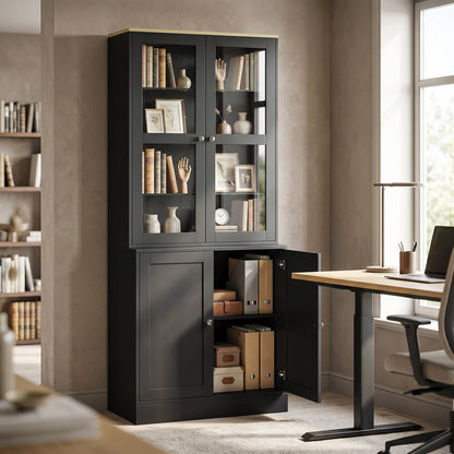 HOMCOM Modern Bookcase Display Storage Unit with Glass Doors Adjustable Shelves, Black