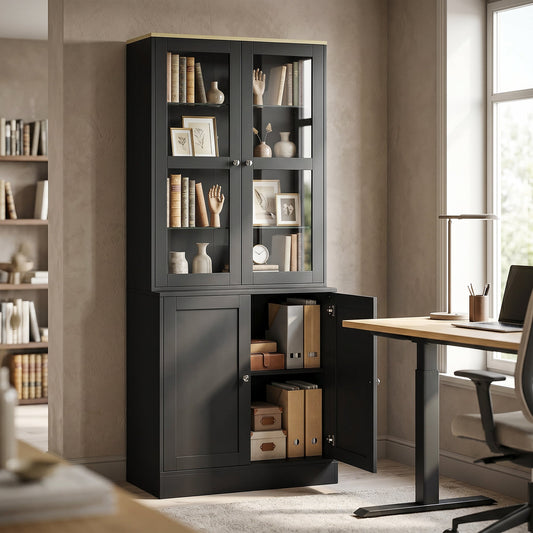 The display storage unit with its lower doors open, showing files and boxes inside
