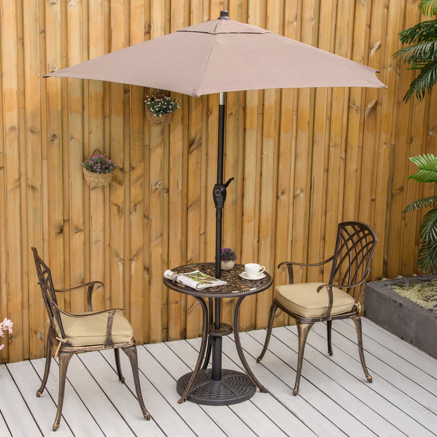 Outsunny 3pc Cast Aluminium Garden Bistro Set for 2 with Parasol Hole, Outdoor Coffee Table Set Rust Resistant with Cushions, Bronze