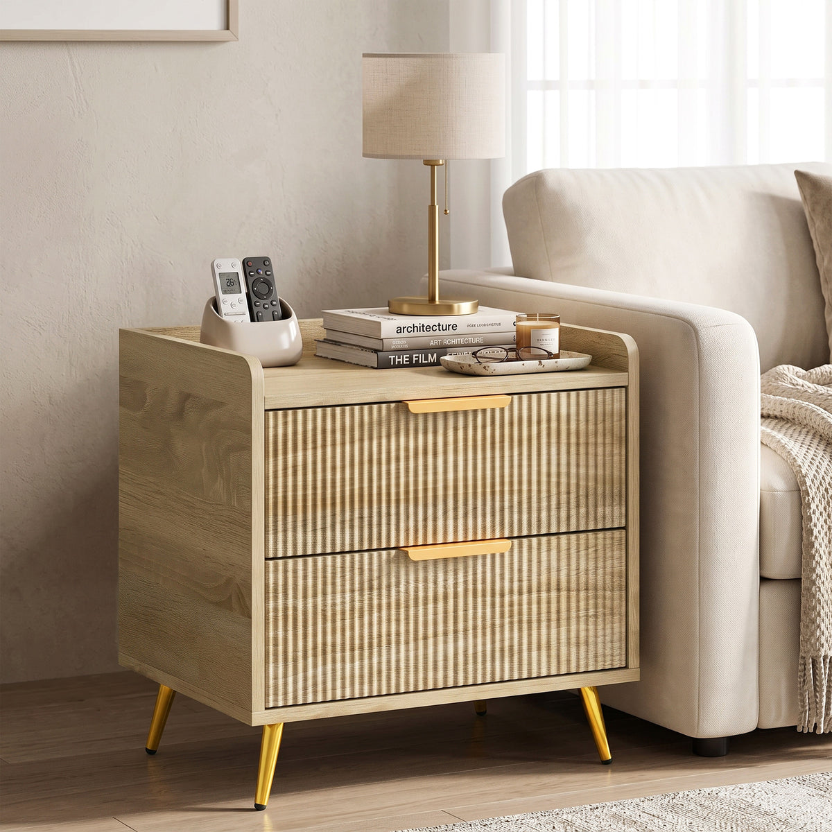 HOMCOM Bedside Table with 2 Drawers in a Natural Wood Finish