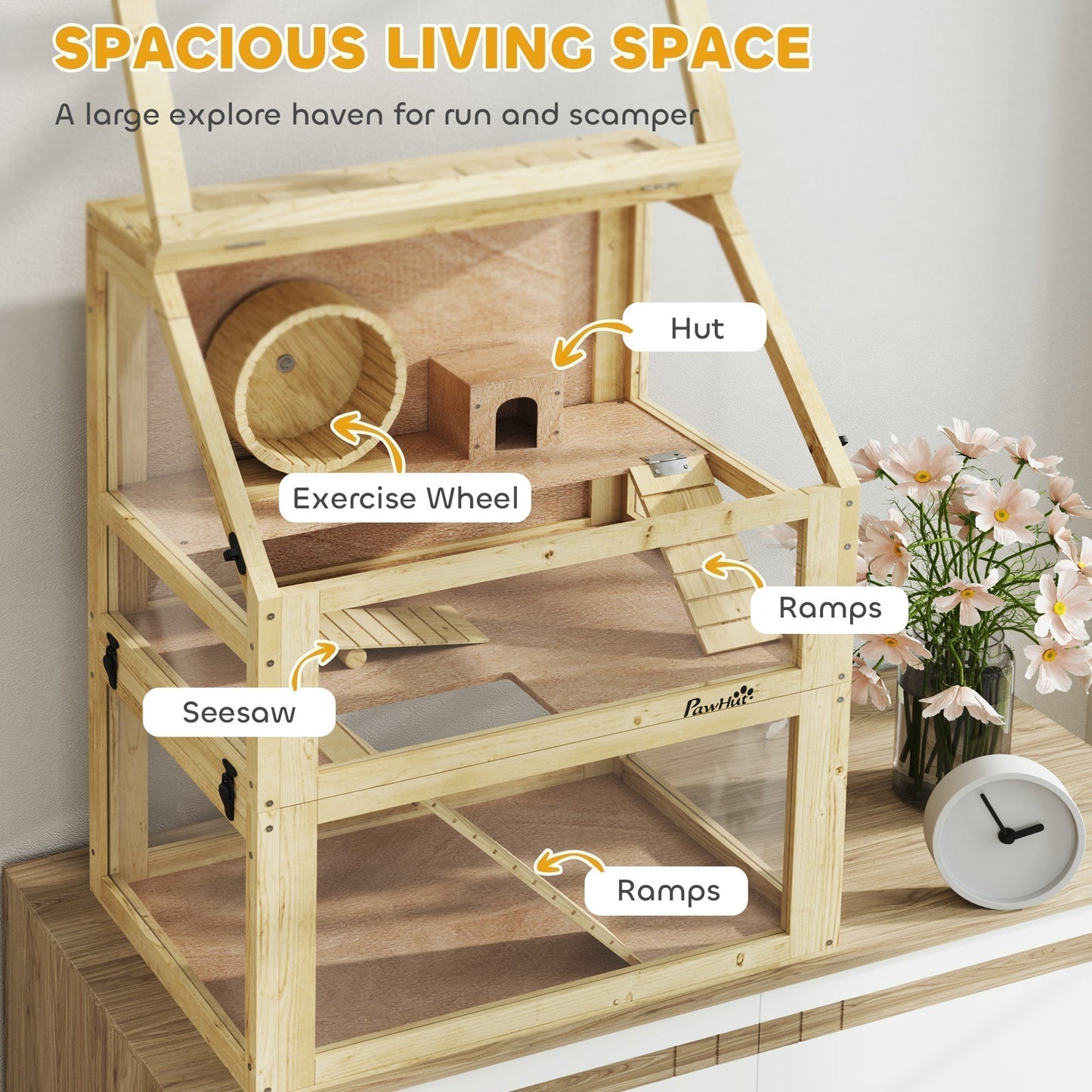 PawHut Wooden Hamster Cage with Detachable 32cm Deep Bottom, Hut, Seesaw, Exercise Wheel, Ramp, 60 x 40 x 75cm, Natural